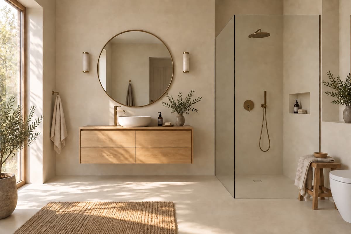 Illustrative bathroom concept with an oak vanity, ivory basin, brass tap, and warm microcement walls and floor.